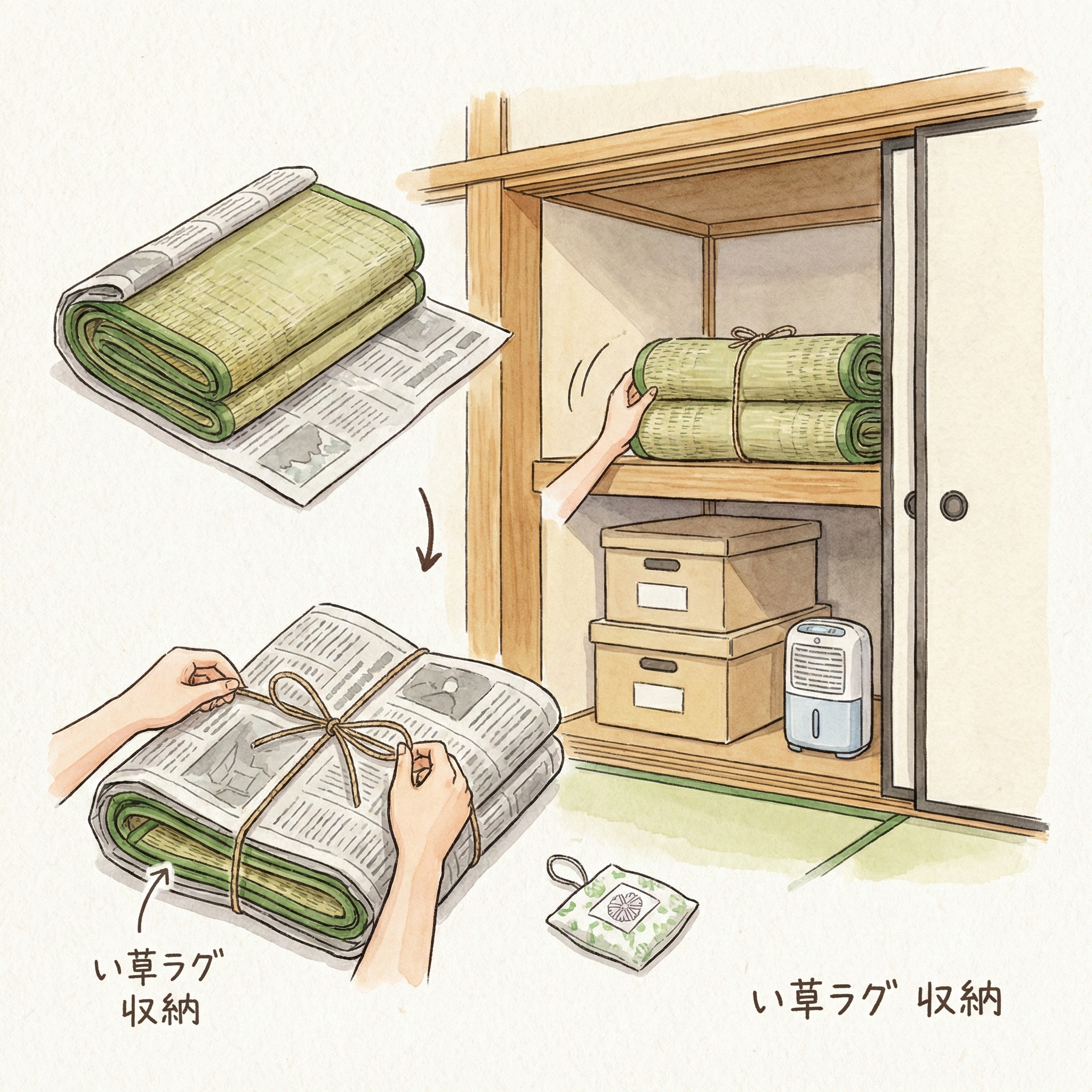 Illustration of igusa rugs rolled and wrapped in newspaper for dry, breathable off-season storage