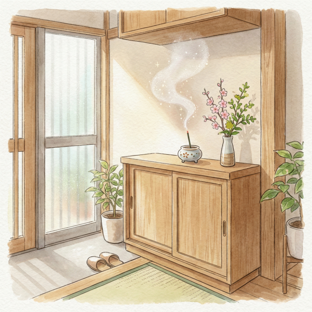Illustration of a clean entryway shelf with a thread of smoke rising from an elegant incense holder