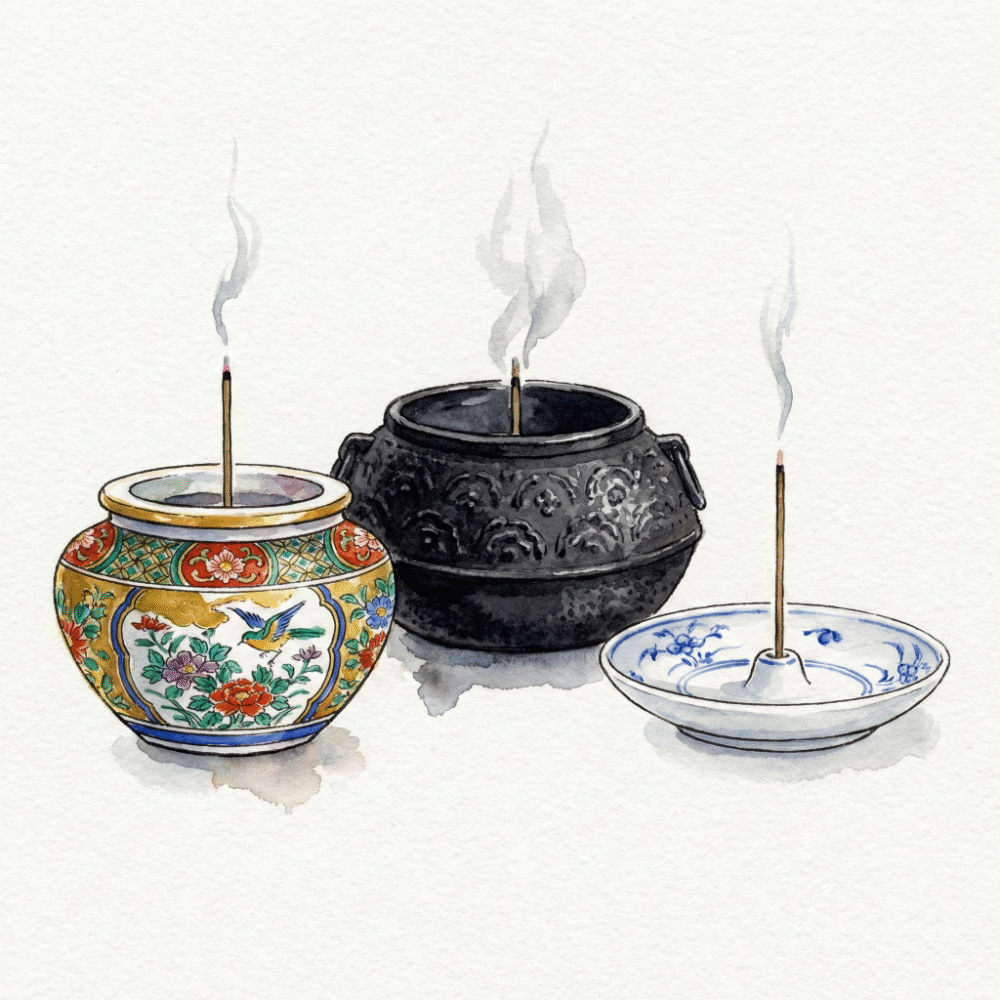Illustration comparing three incense burners: vivid Kutani porcelain, heavy Nanbu cast iron, and clean white Arita porcelain