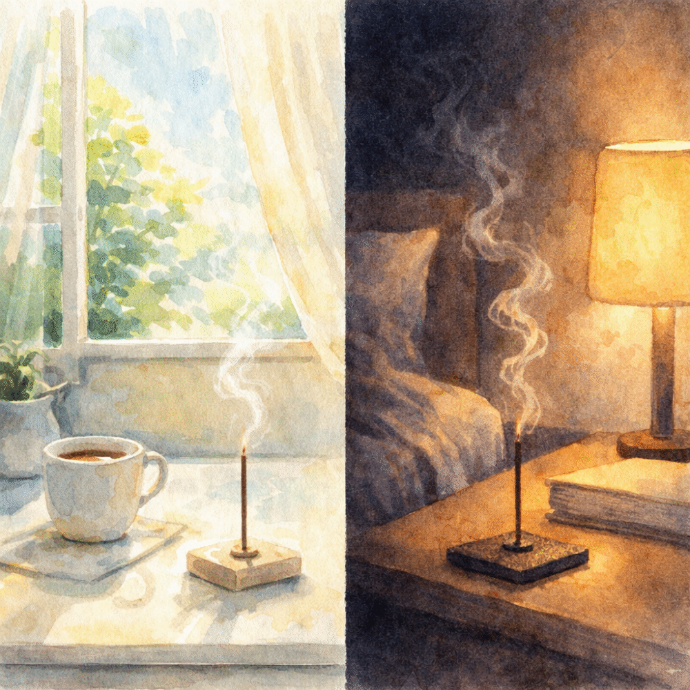 Illustration contrasting morning incense in bright daylight for focus versus evening incense in dim light for relaxation