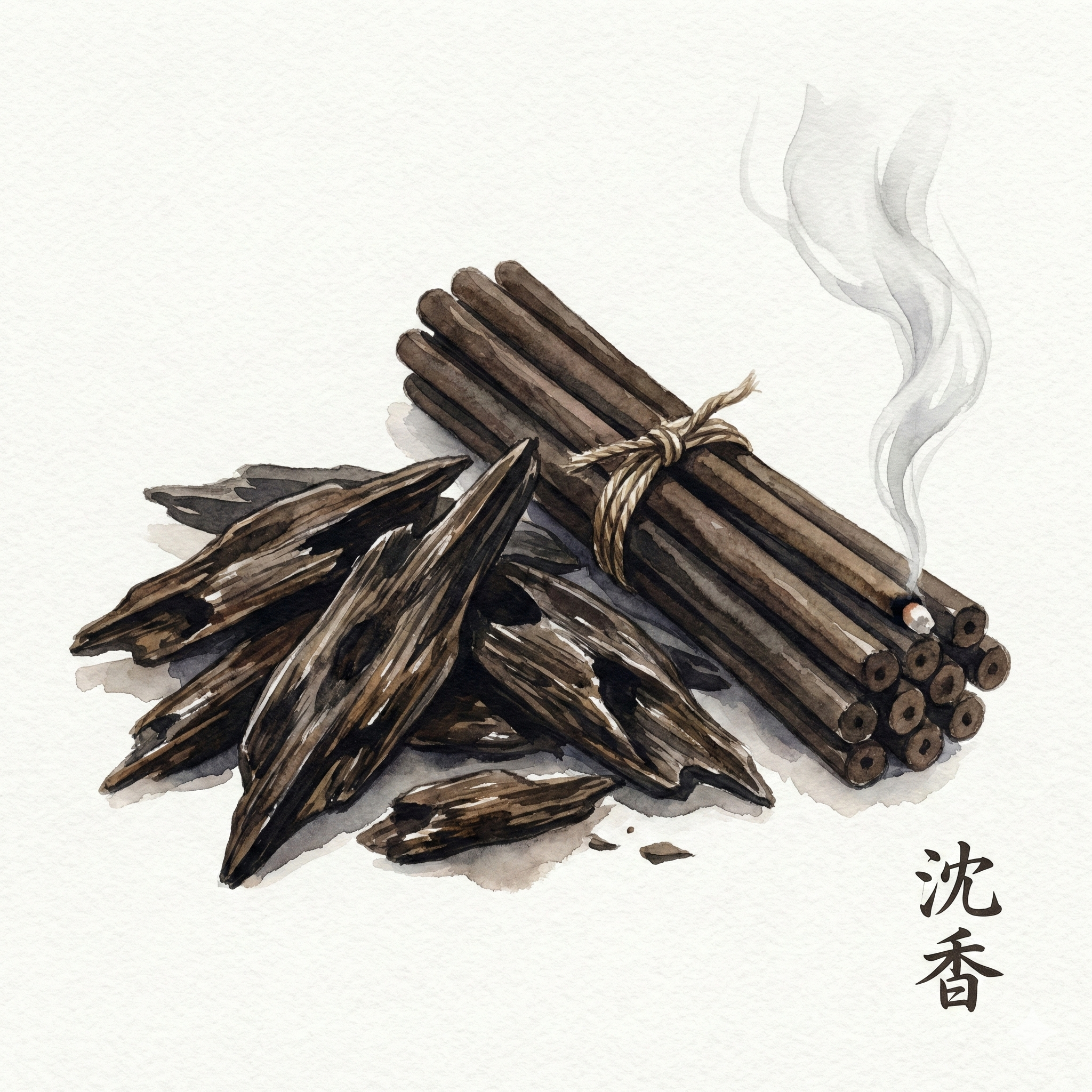 Agarwood (jinko) resin chips alongside incense sticks