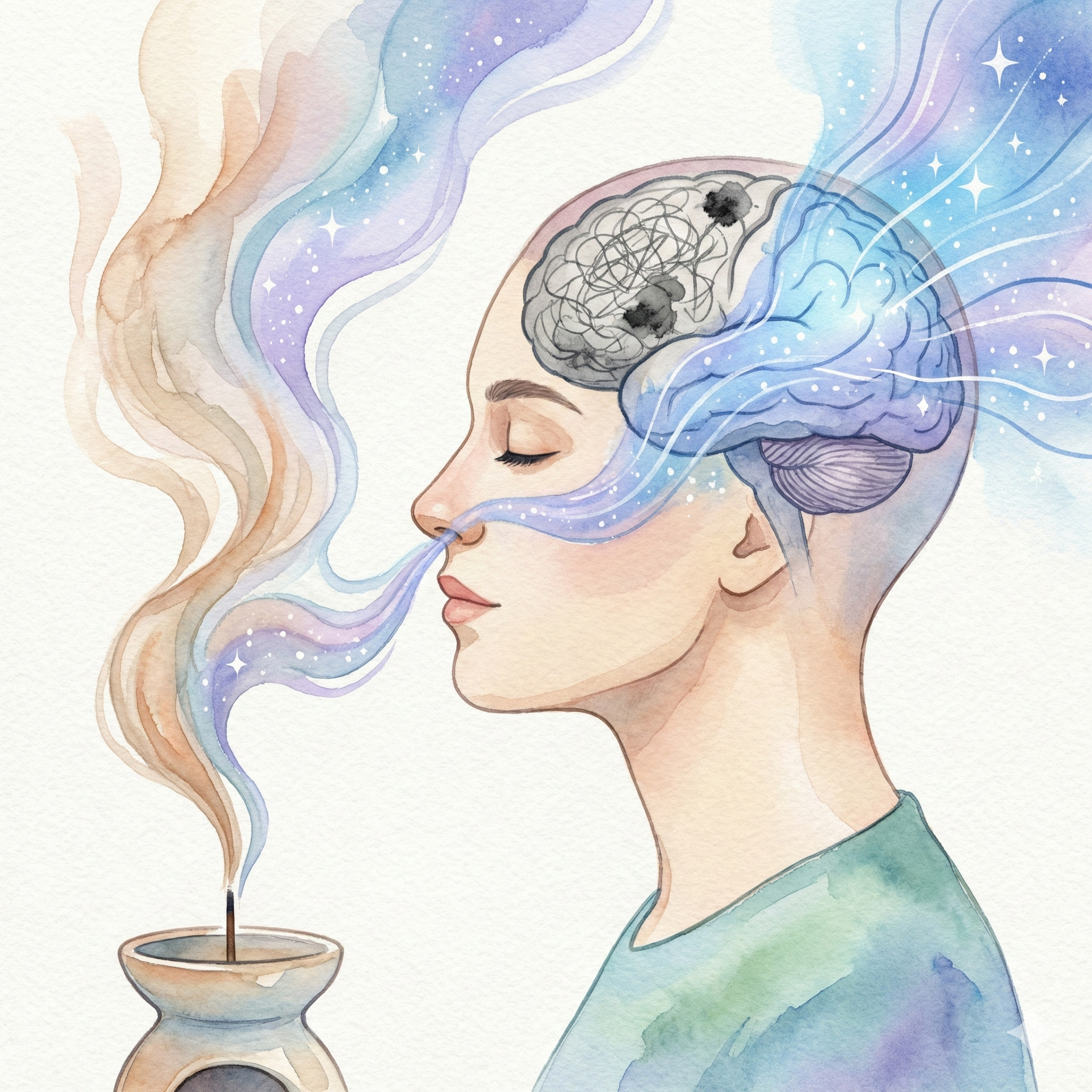 Illustration showing fragrance from incense traveling directly to the emotional brain