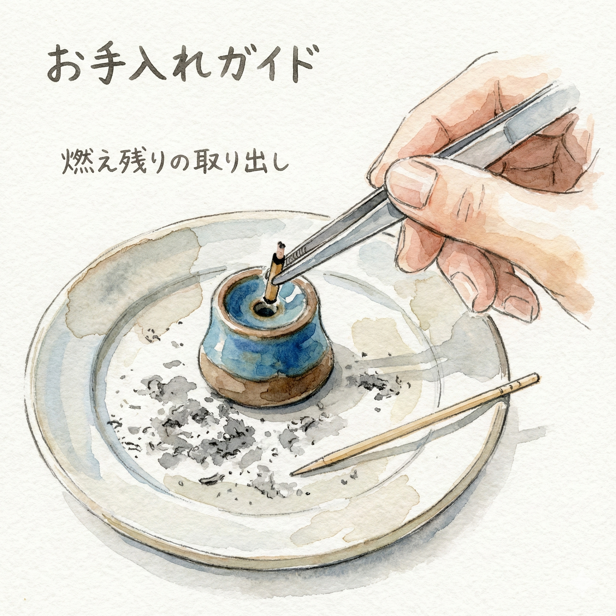 Removing a burned incense stub from a holder with tweezers