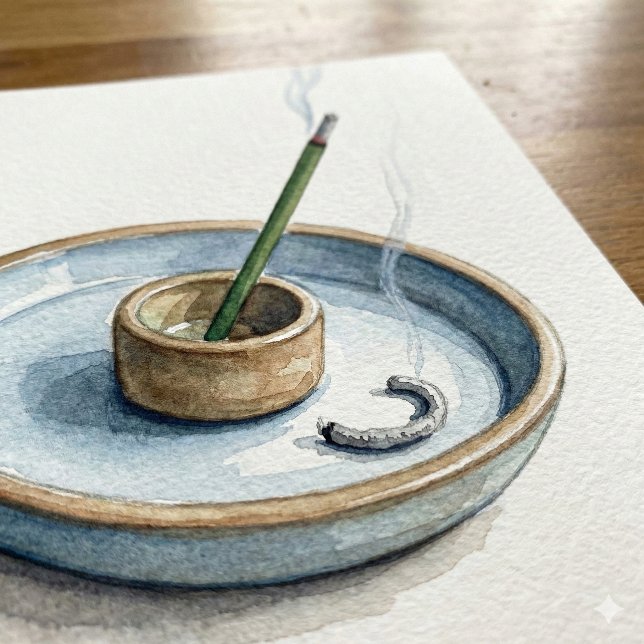 Incense stick positioned in a holder so that ash falls within the plate's boundary