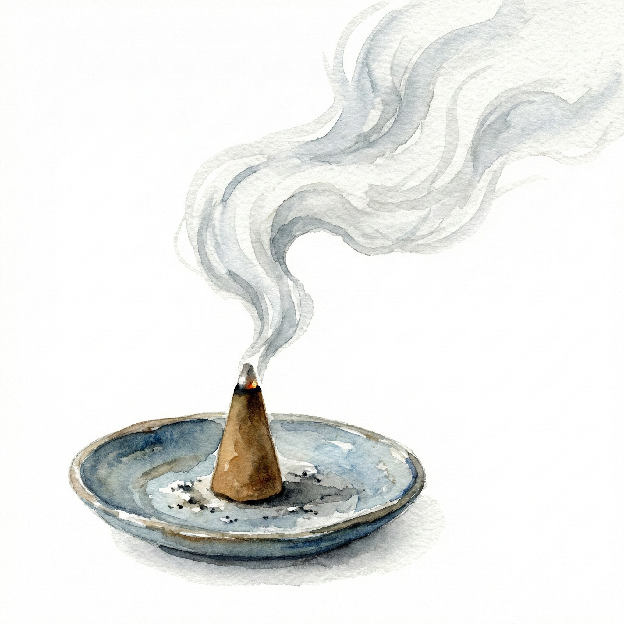 Cone-shaped incense burning with increasing smoke toward the base