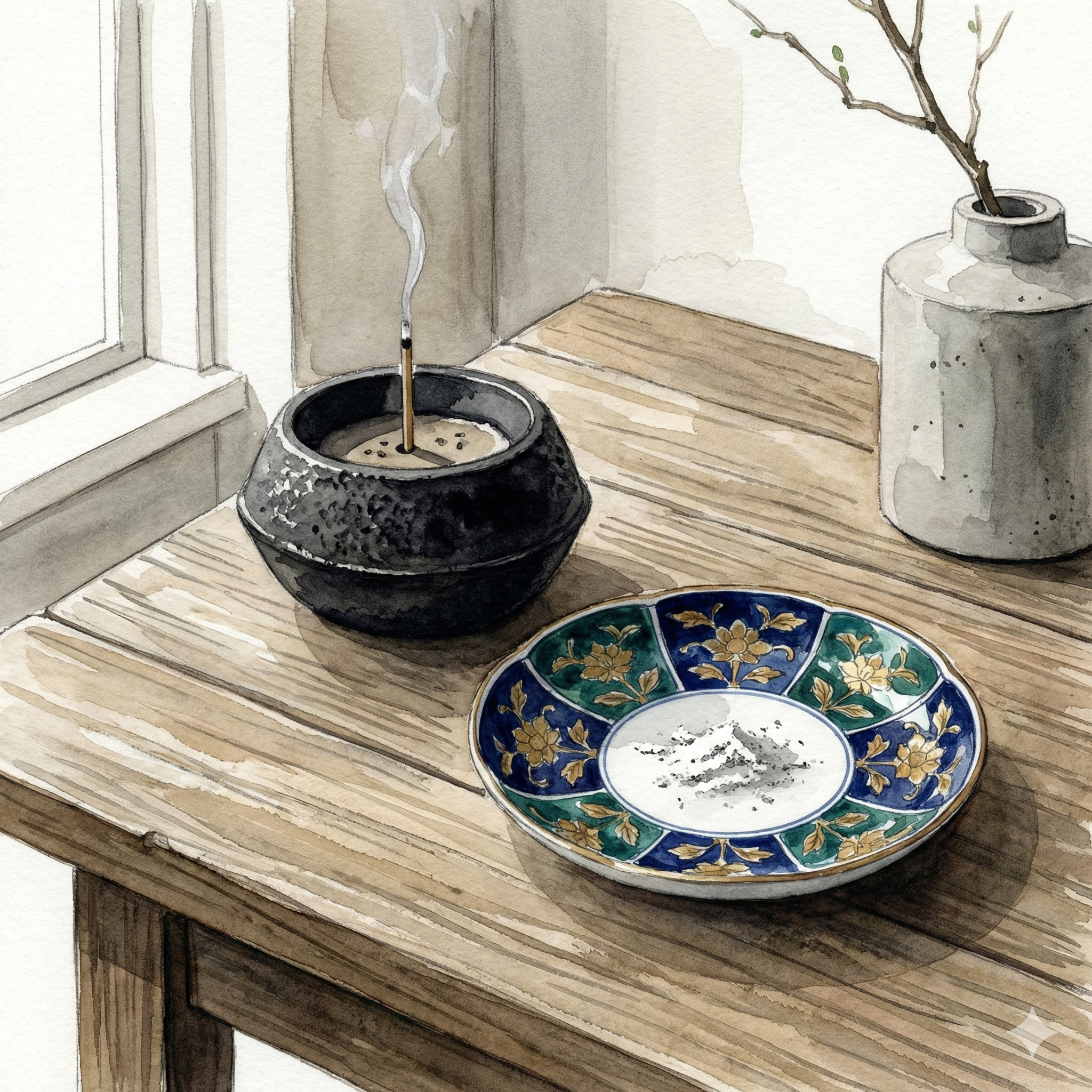 Brass incense holder paired with a simple ceramic ash plate
