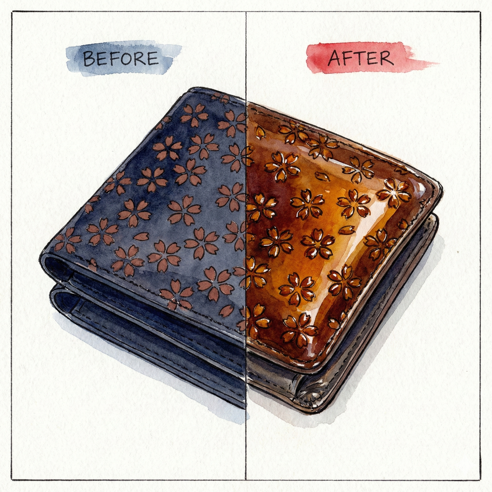 Comparison illustration: a new inden wallet with matte lacquer (left) versus a well-used inden with a clear, luminous patina (right)