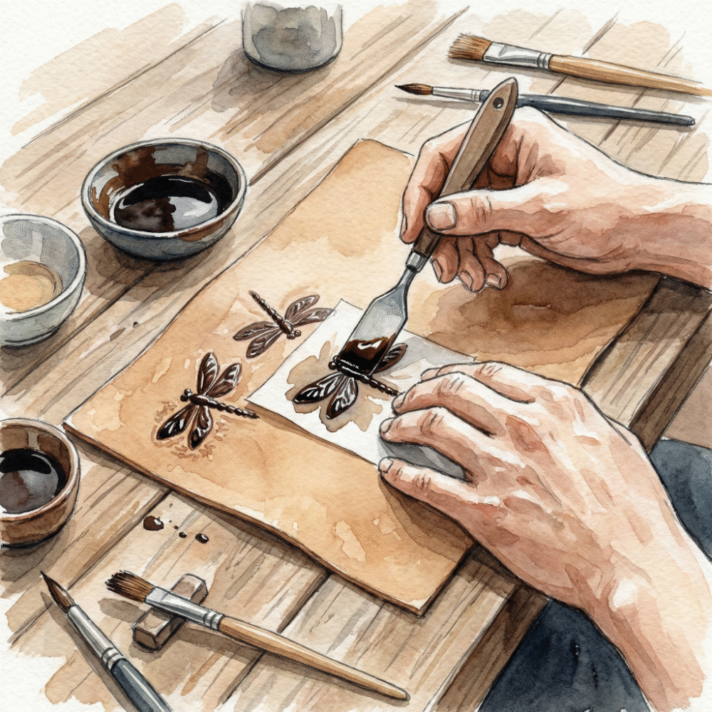Close-up illustration of an artisan pressing lacquer through a paper stencil onto deerskin to create a raised pattern