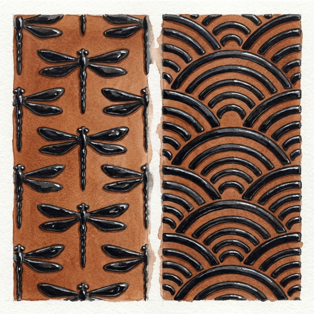 Illustration showing two classic inden lacquer patterns: the dragonfly (kachi-mushi) and the seigaiha overlapping wave