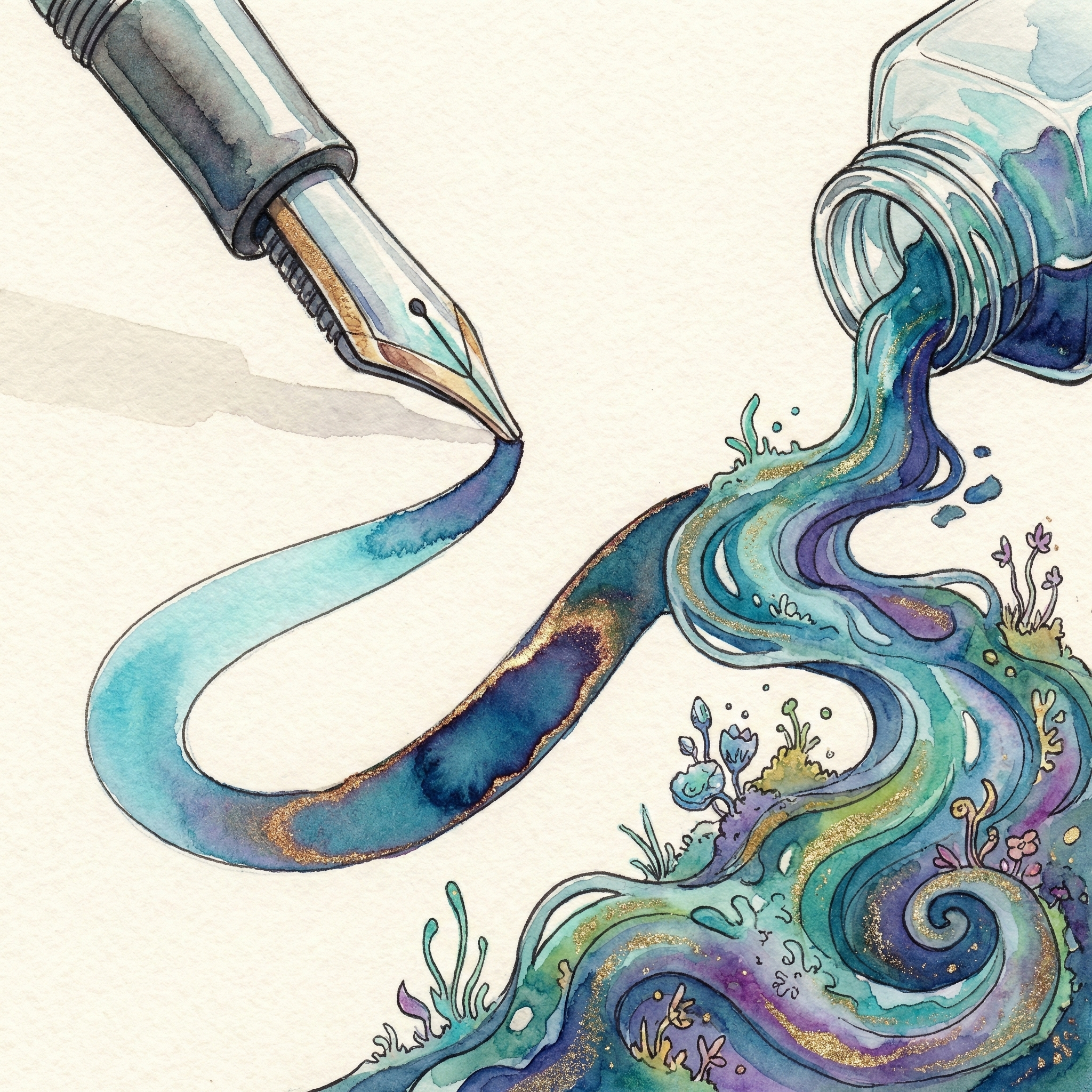 Handwritten text in fountain pen ink showing pronounced shading gradients, with an overflowing ink bottle illustration
