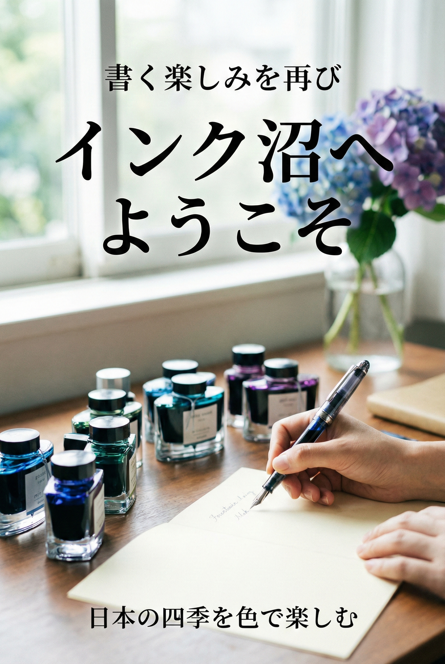 Colorful Japanese ink bottles lined up by a sunlit window, with a glass pen writing on paper