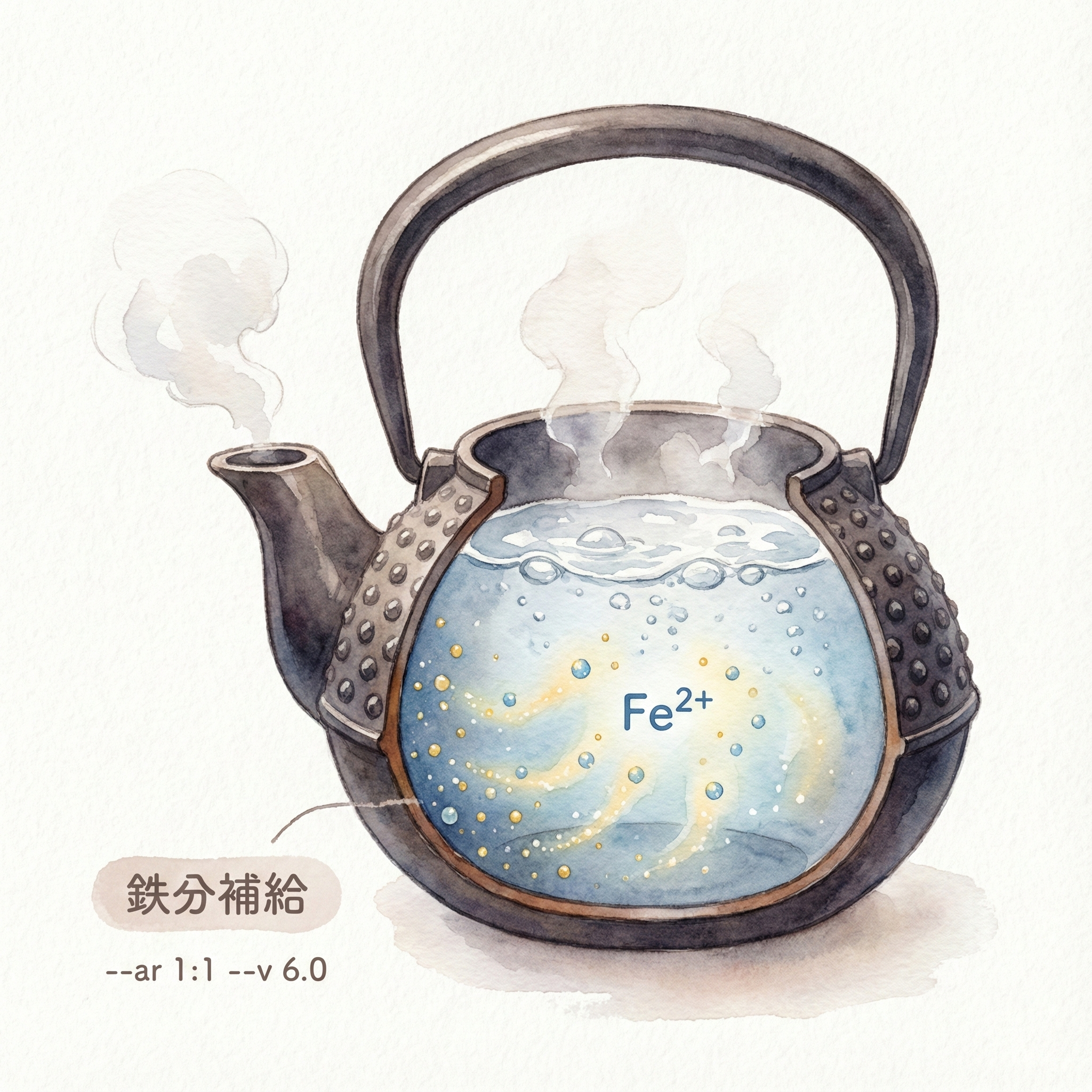 Illustration of ferrous iron ions dissolving from the interior of a Nambu ironware tetsubin to soften the water