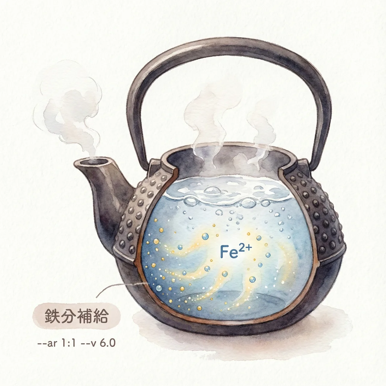 Illustration of ferrous iron ions dissolving from the interior of a Nambu ironware tetsubin to soften the water