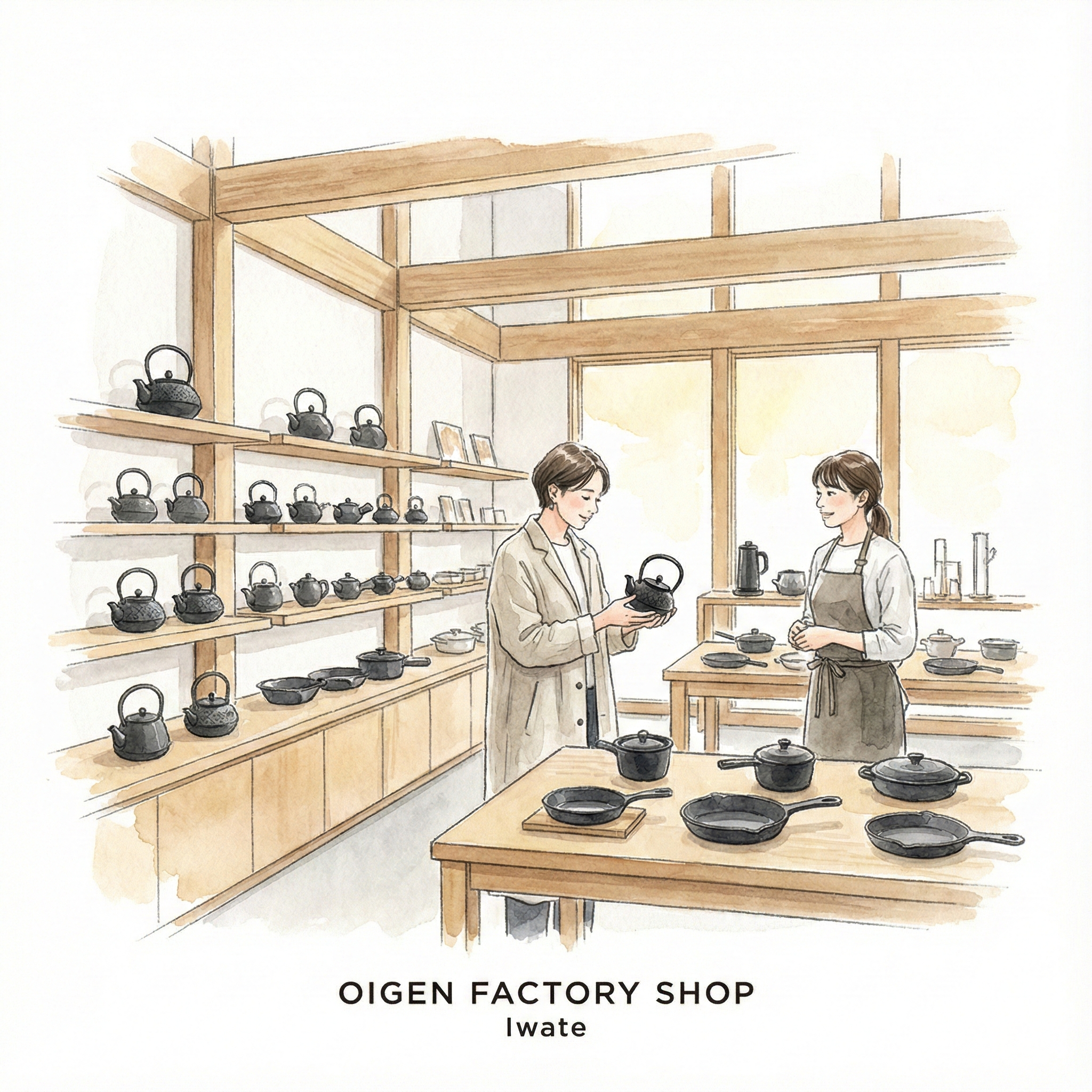 Illustration of a visit to the OIGEN Factory Shop in Oshu City, Iwate, tasting water boiled in a tetsubin