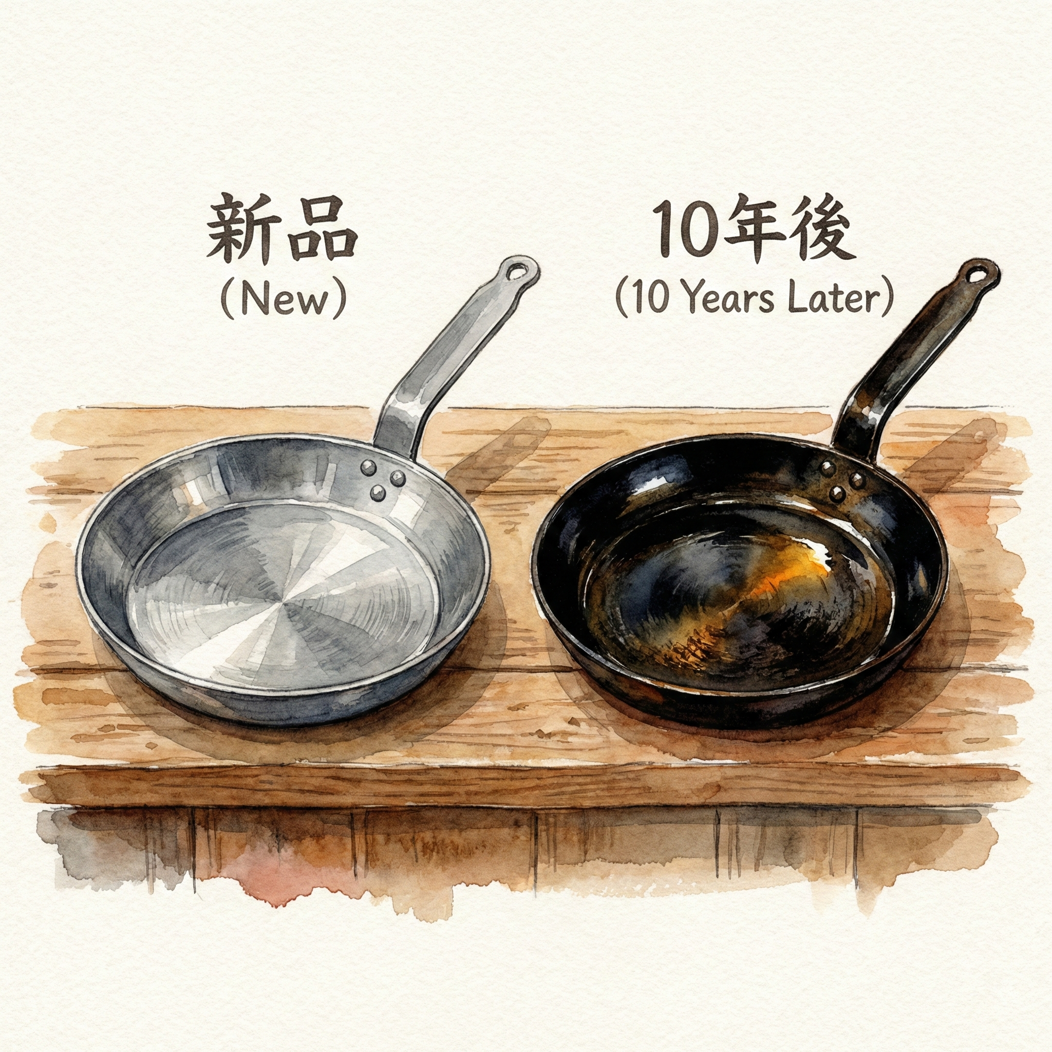 New silver iron pan vs seasoned black iron pan after years of use