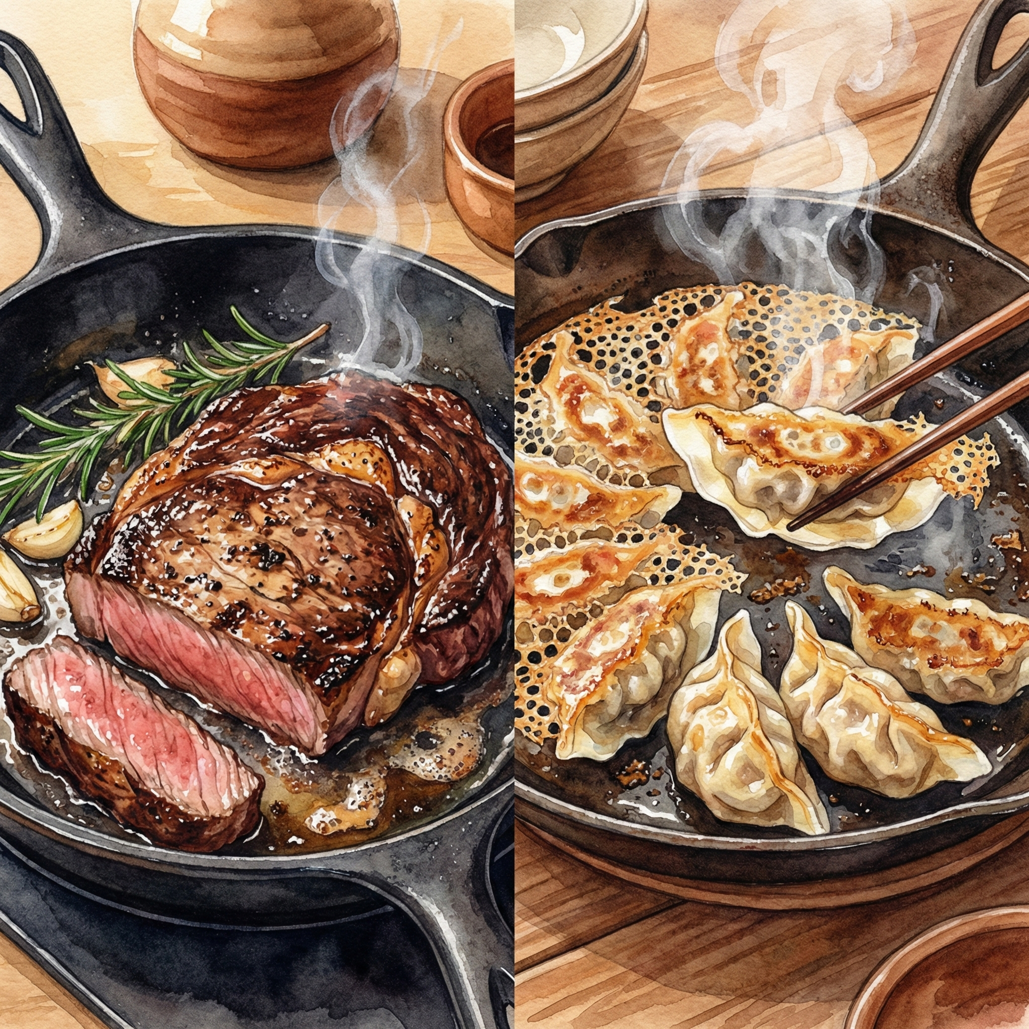 Steak and gyoza cooked in iron pan with perfect crust