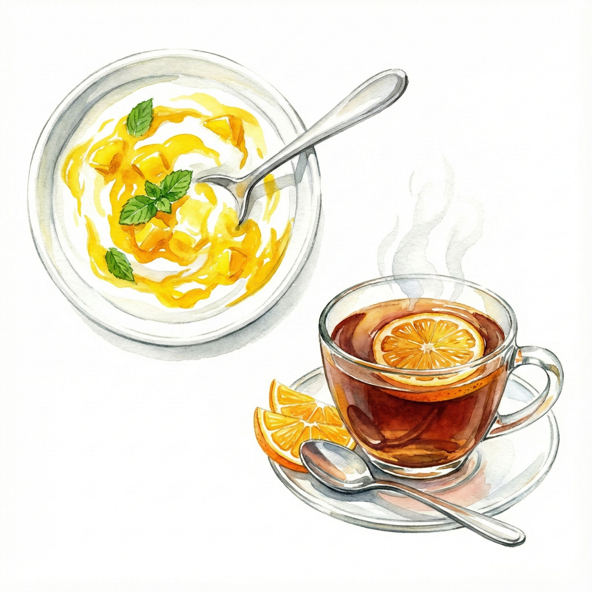 Illustration of jam as a yogurt topping and stirred into tea