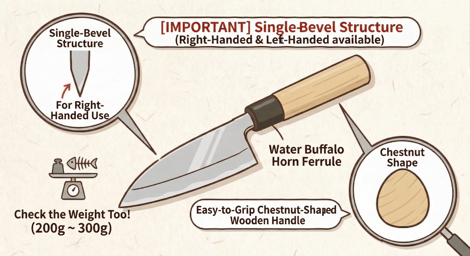 Illustration of the single-bevel cross-section and wa-handle structure — the two defining features of Japanese specialist knives, and the key checklist items for buyers