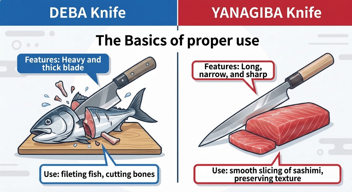 Japanese deba and yanagiba specialist knives compared side by side, showing the thick spine of the deba versus the long slender yanagiba