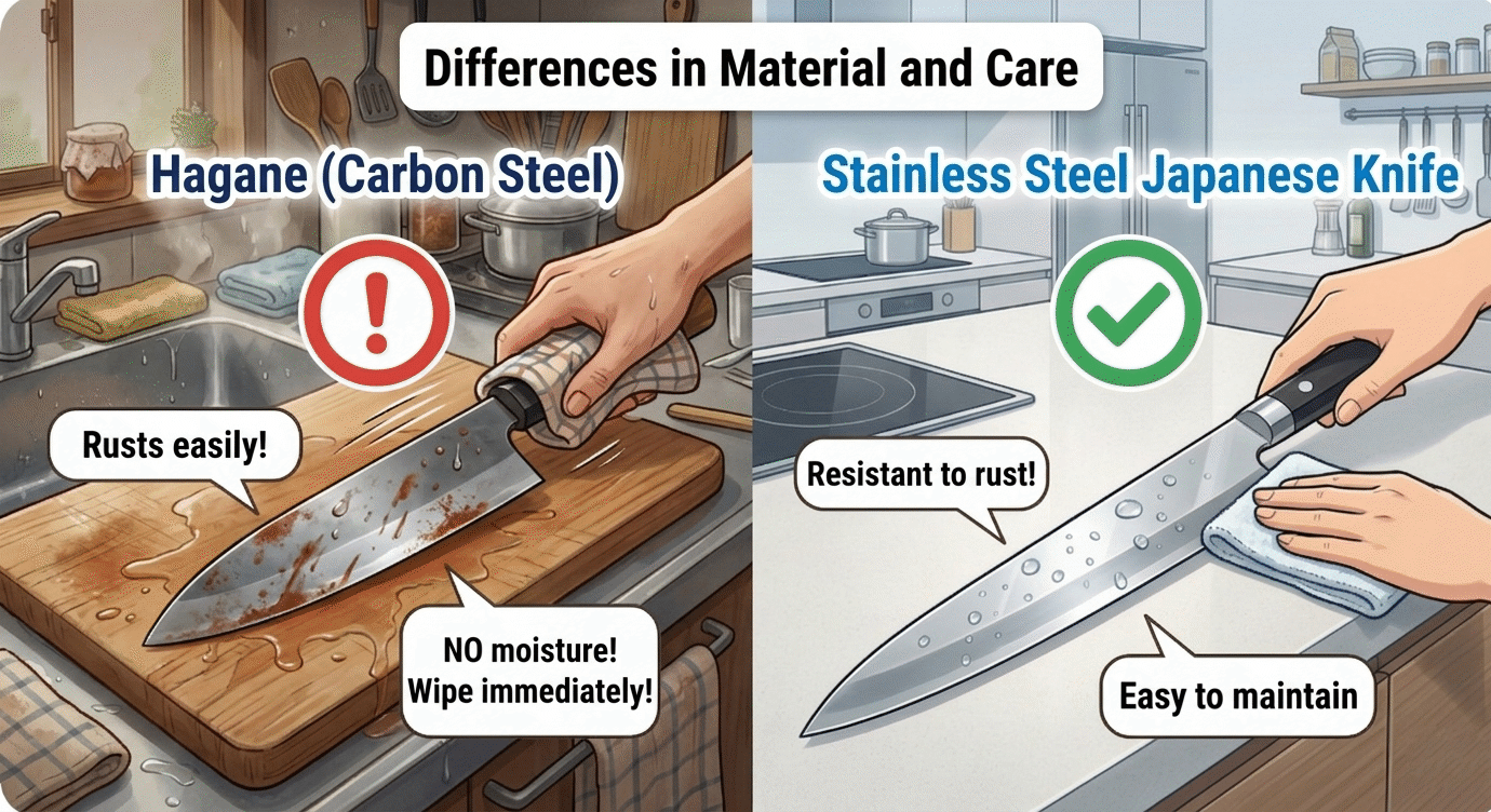 Comparison of hagane (carbon steel) and stainless Japanese specialist knives — wiping down a carbon steel blade immediately after use versus the lower-maintenance stainless alternative