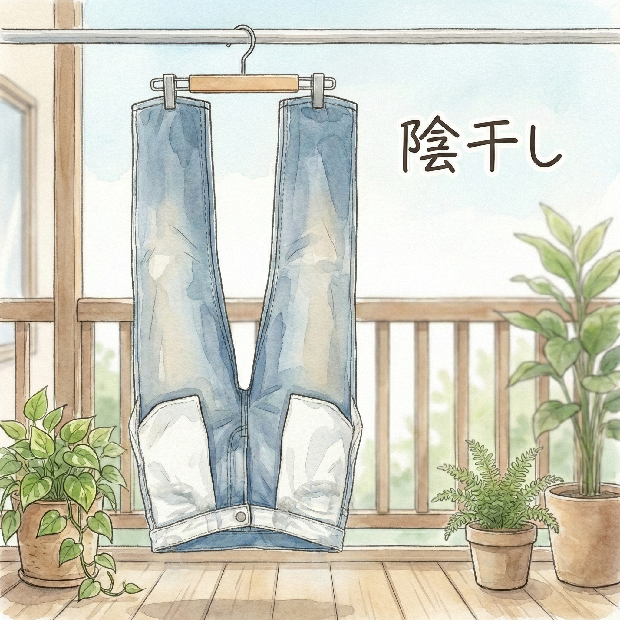 Illustration of jeans hung upside-down by the cuffs and spread into a tube shape to dry