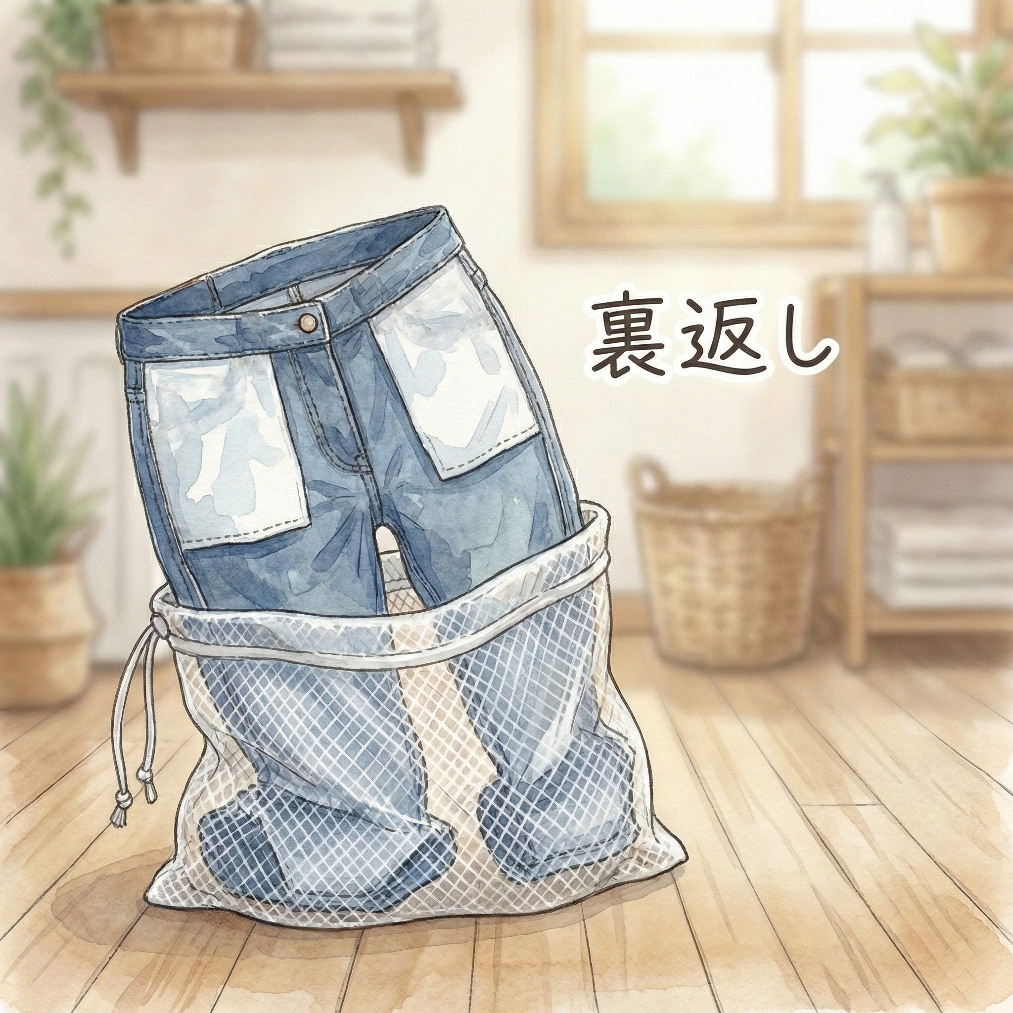 Illustration of turning jeans inside out and placing them in a laundry net