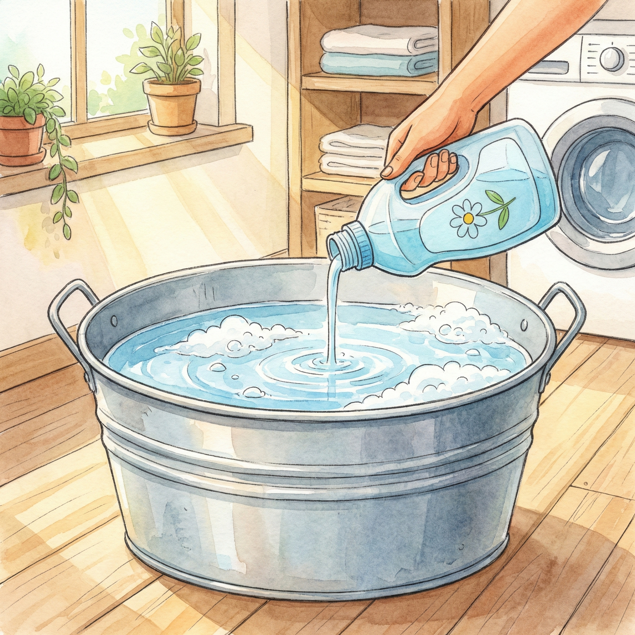 Illustration of filling a bucket with water and dissolving detergent