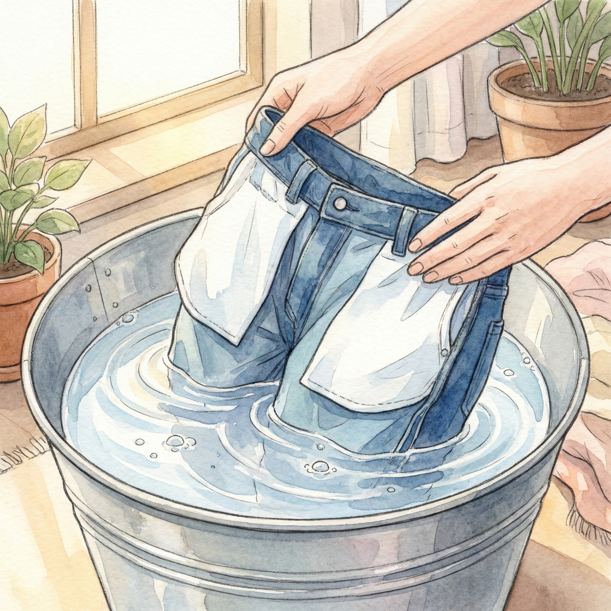 Illustration of folding inside-out jeans and pressing them into a bucket