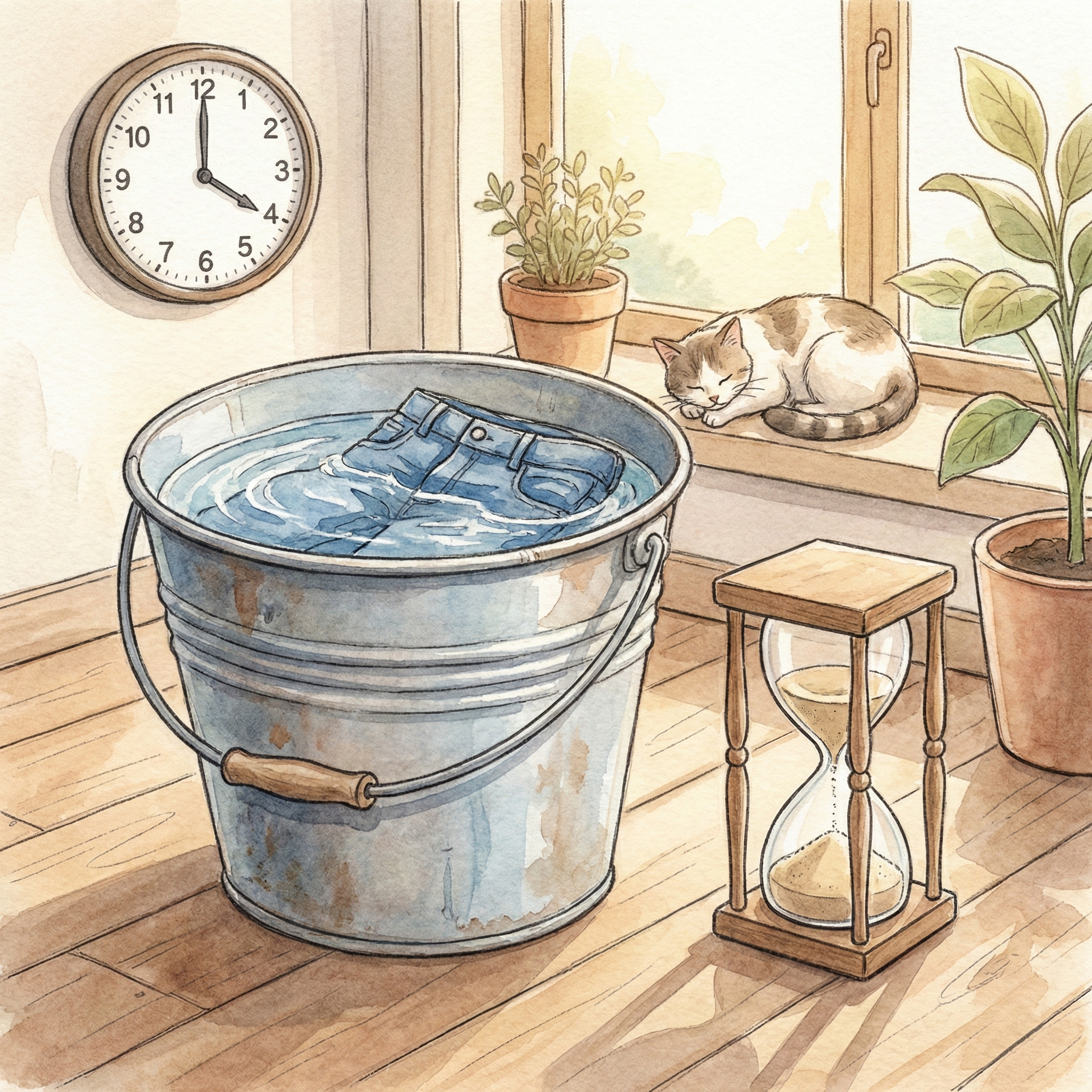 Illustration of jeans soaking in a bucket with a timer showing elapsed time