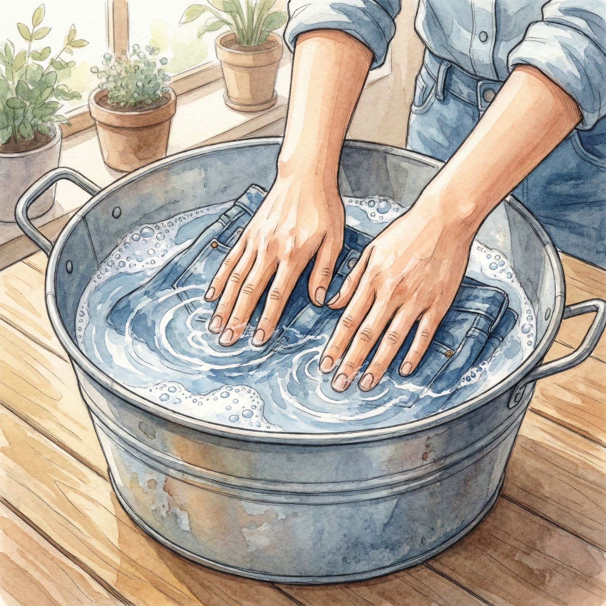 Illustration of pressing both hands gently down into jeans submerged in a bucket