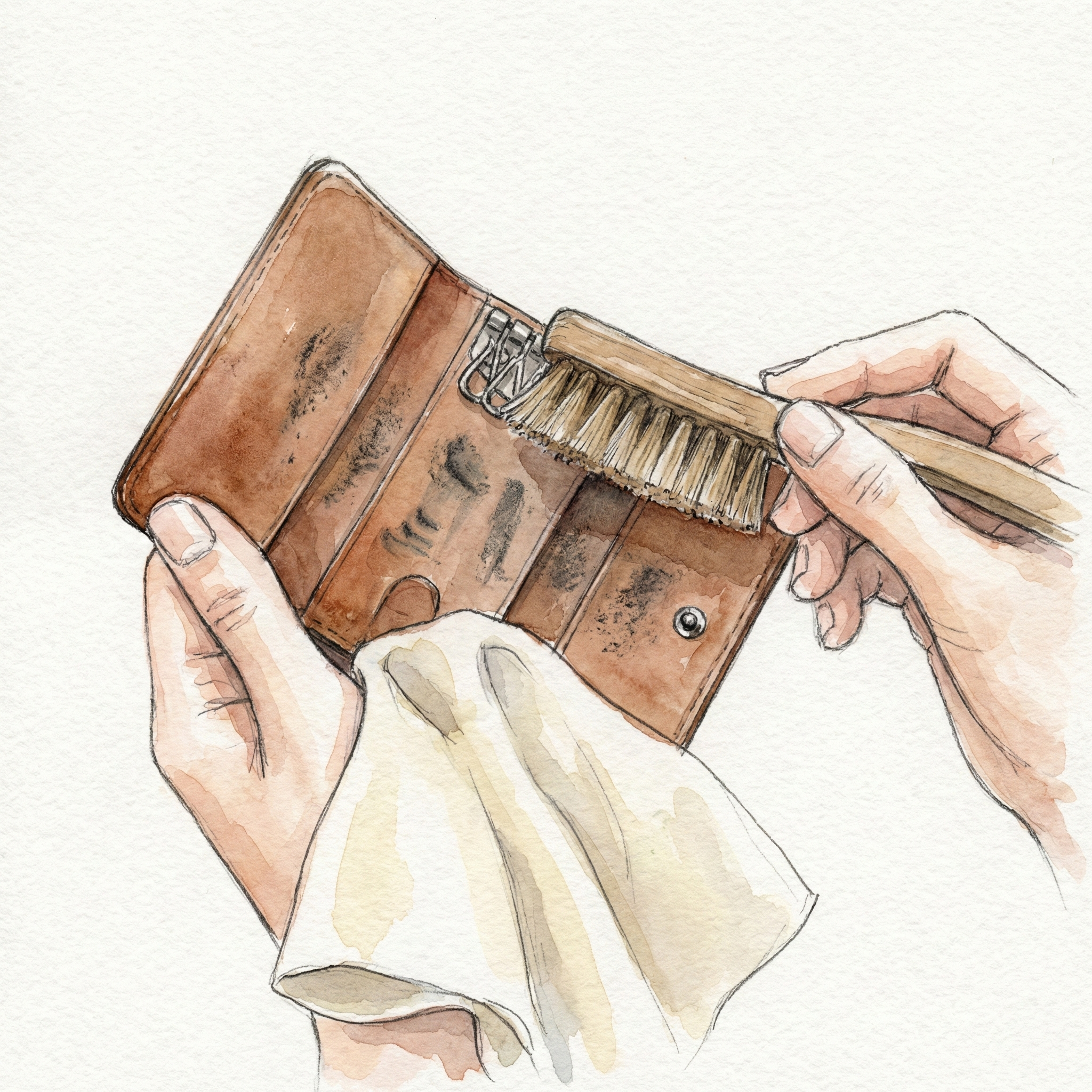 Illustration of someone cleaning the interior of a key case with a brush and cloth after removing the keys