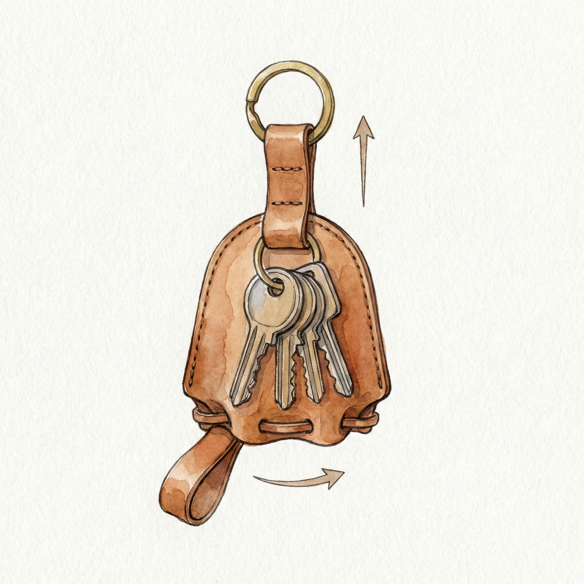Illustration of a bell-shaped leather key holder with keys retracted inside