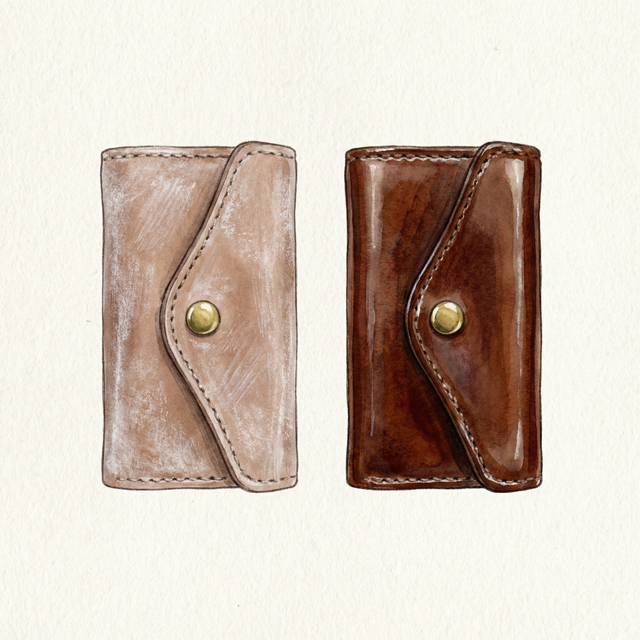 Comparison illustration: bridle leather with white bloom on the left, and the same leather polished to a deep gloss on the right