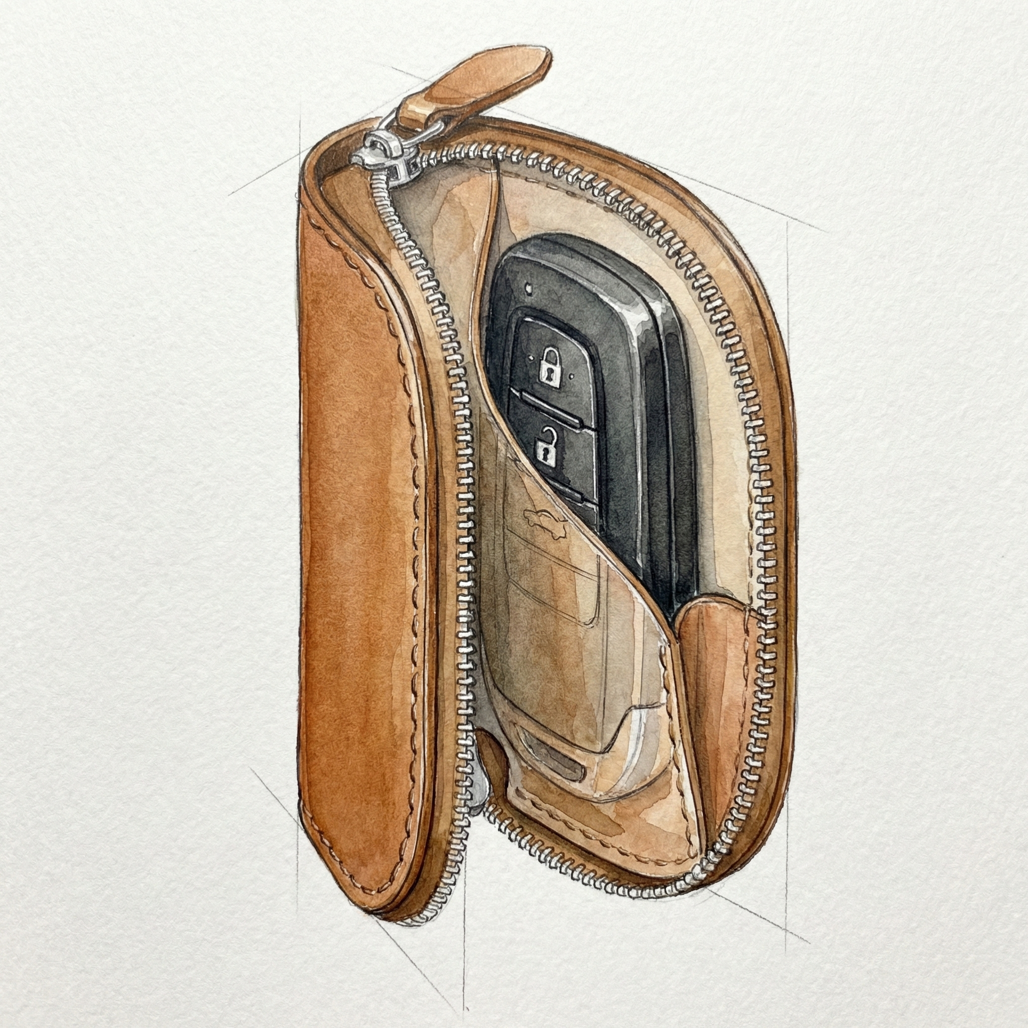 Cutaway illustration showing a bulky smart key fitting cleanly inside a round-zip leather key case