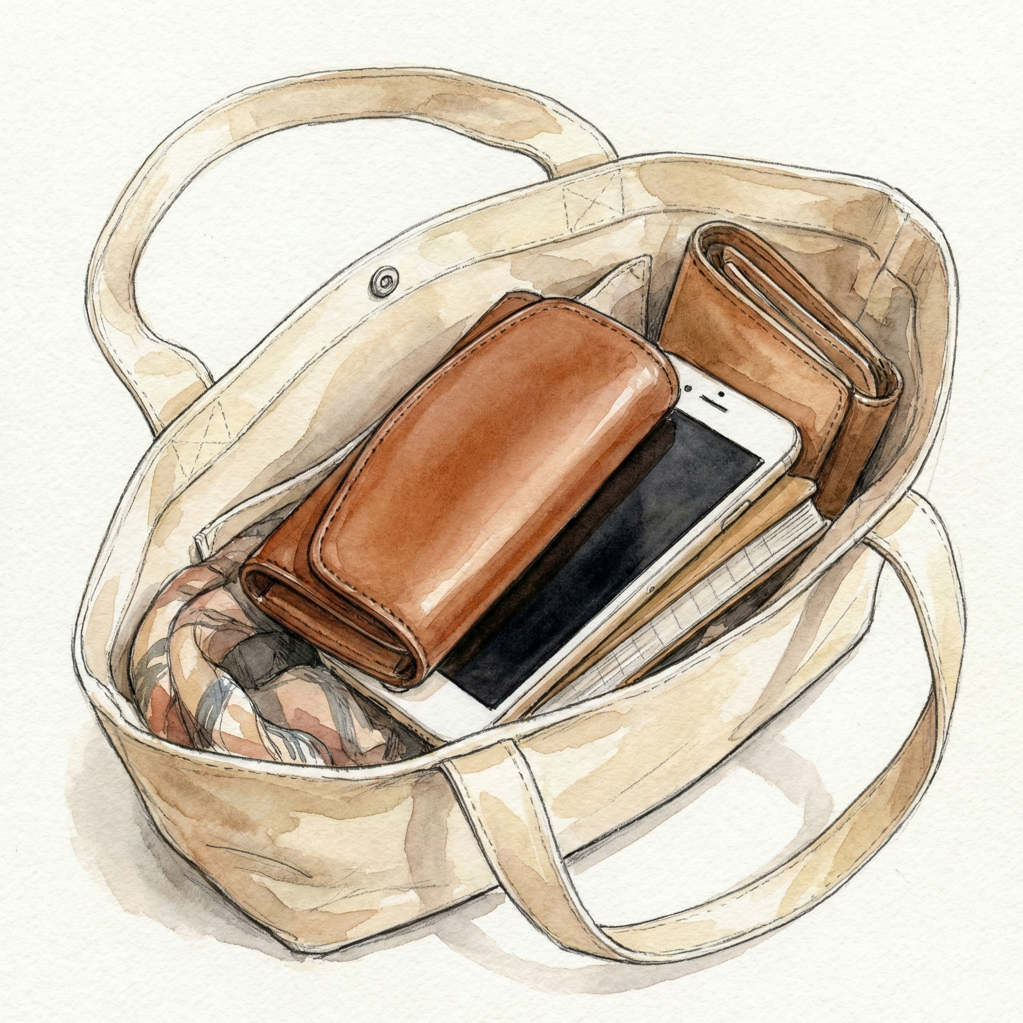 Illustration of a leather key case sitting in a bag alongside a phone and wallet without scratching either