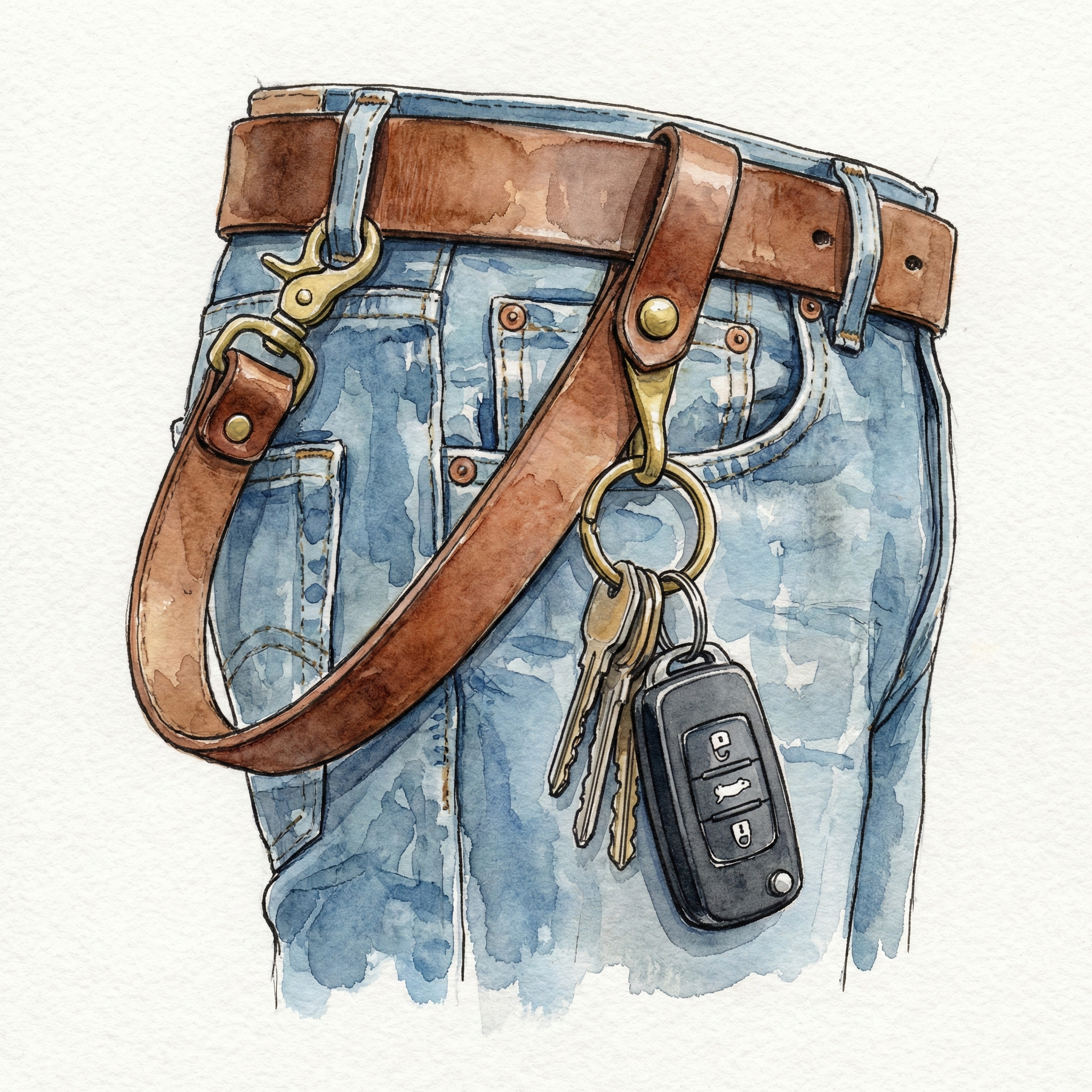 Illustration of keys hanging from a leather-and-brass key ring clipped to a denim belt loop