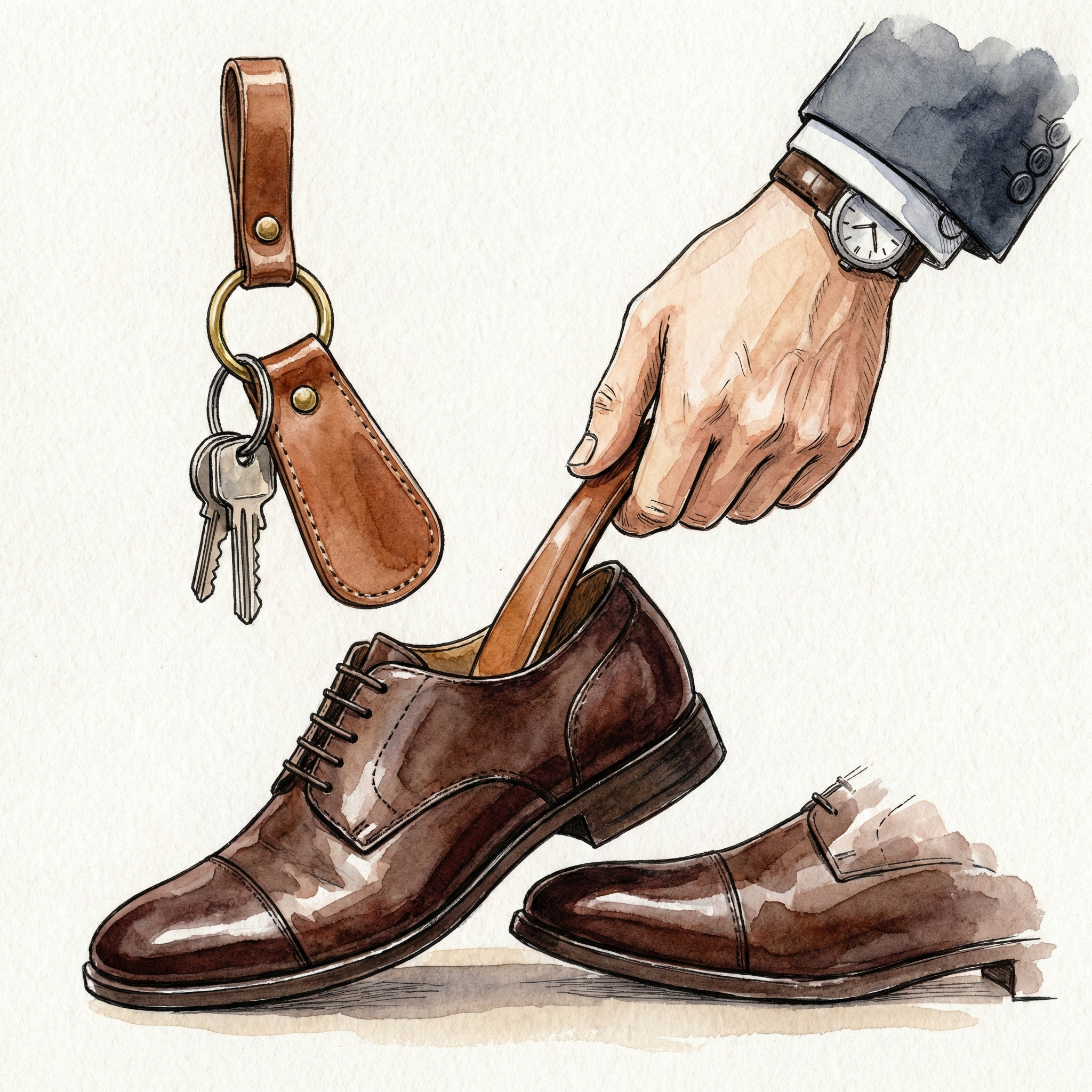 Illustration of a leather shoe horn with an attached key ring being used to put on a dress shoe