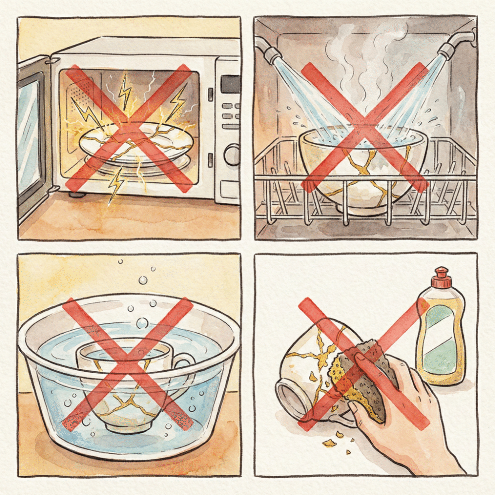 Four-panel illustration showing what to avoid with a kintsugi-repaired piece: microwave sparking, dishwasher, soaking, and abrasive scrubbing