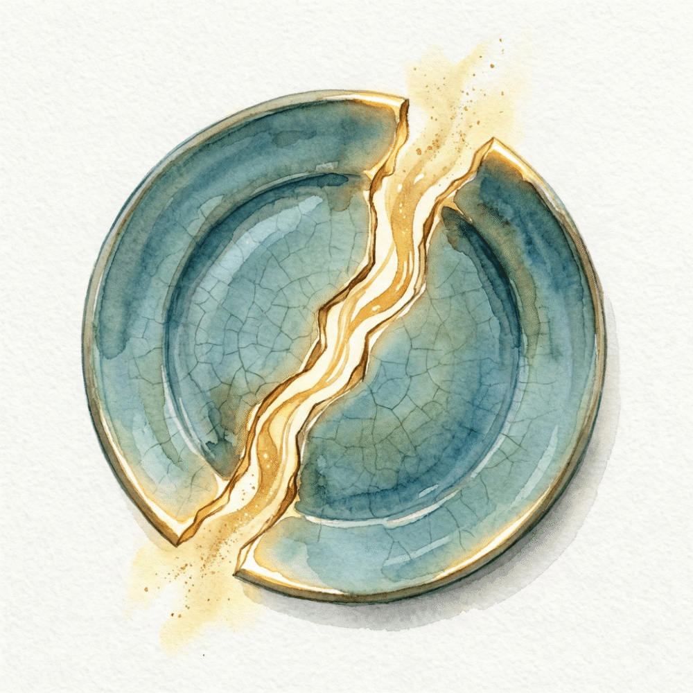 Illustration of a bowl broken in two, repaired by kintsugi — the golden seam forms a beautiful pattern across the surface