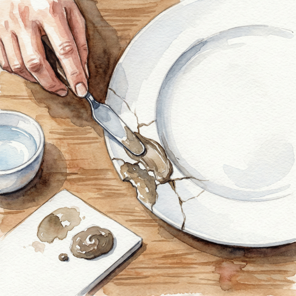 Illustration showing mixed epoxy putty being pressed into the chipped area of a ceramic bowl