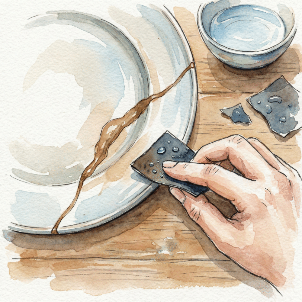 Illustration of wet sandpaper being used to smooth the repaired surface of a ceramic piece until flush