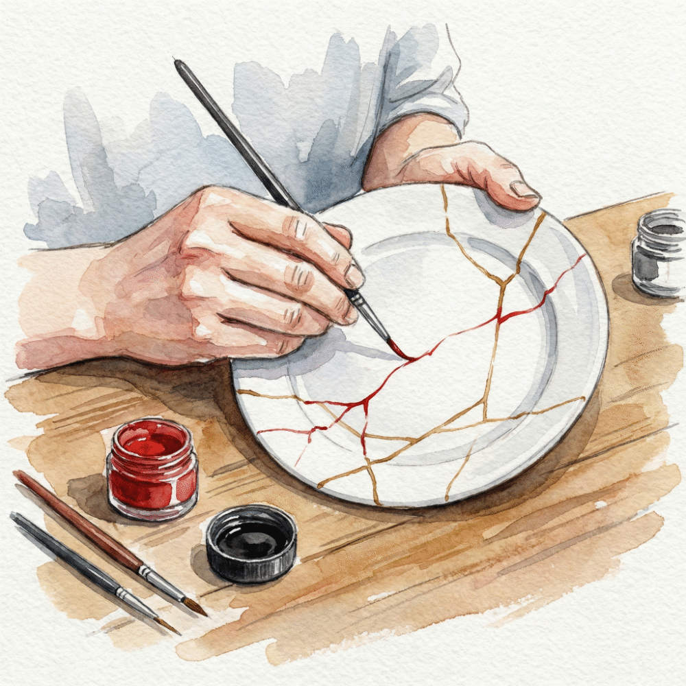 Illustration of a fine brush carefully drawing a lacquer line along the repaired seam of a ceramic bowl