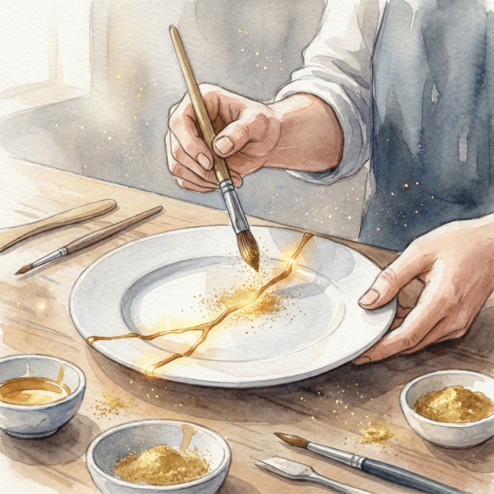 Illustration of gold powder being dusted over a freshly lacquered repair line to complete the kintsugi finish