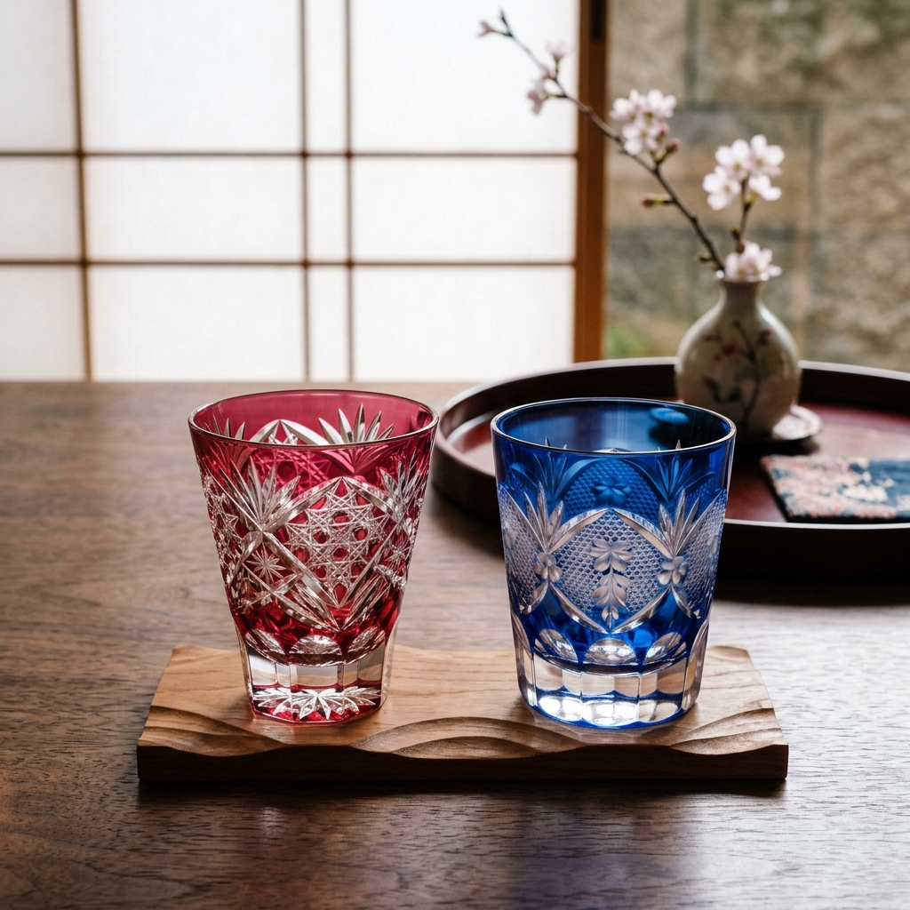 Kiriko cut glass as a Japanese gift — both Edo and Satsuma styles displayed