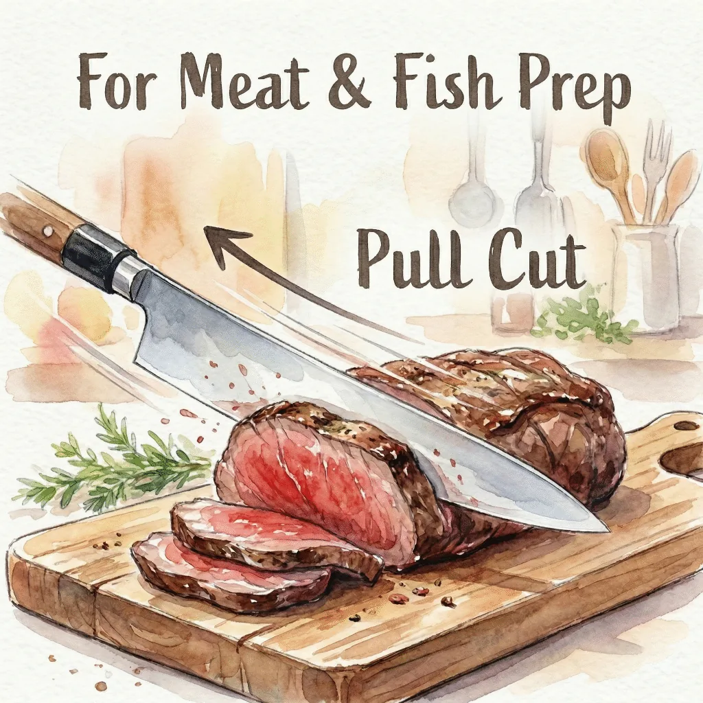 Home cook using a Japanese gyuto knife to pull-slice a beef roast on a wooden carving board, showing the clean single-stroke cut surface