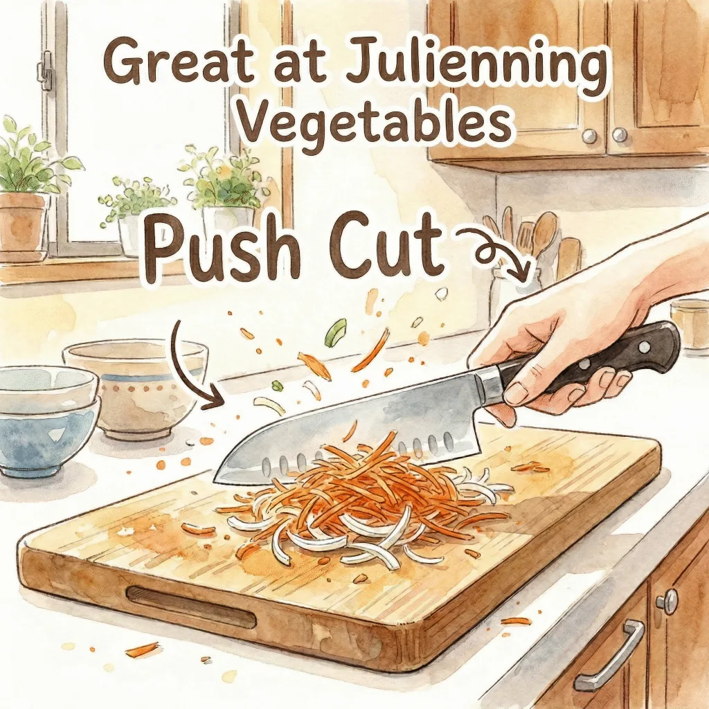 Home cook using a Japanese santoku knife to julienne vegetables on a wooden cutting board, demonstrating the push-cut technique with the flat blade fully contacting the board