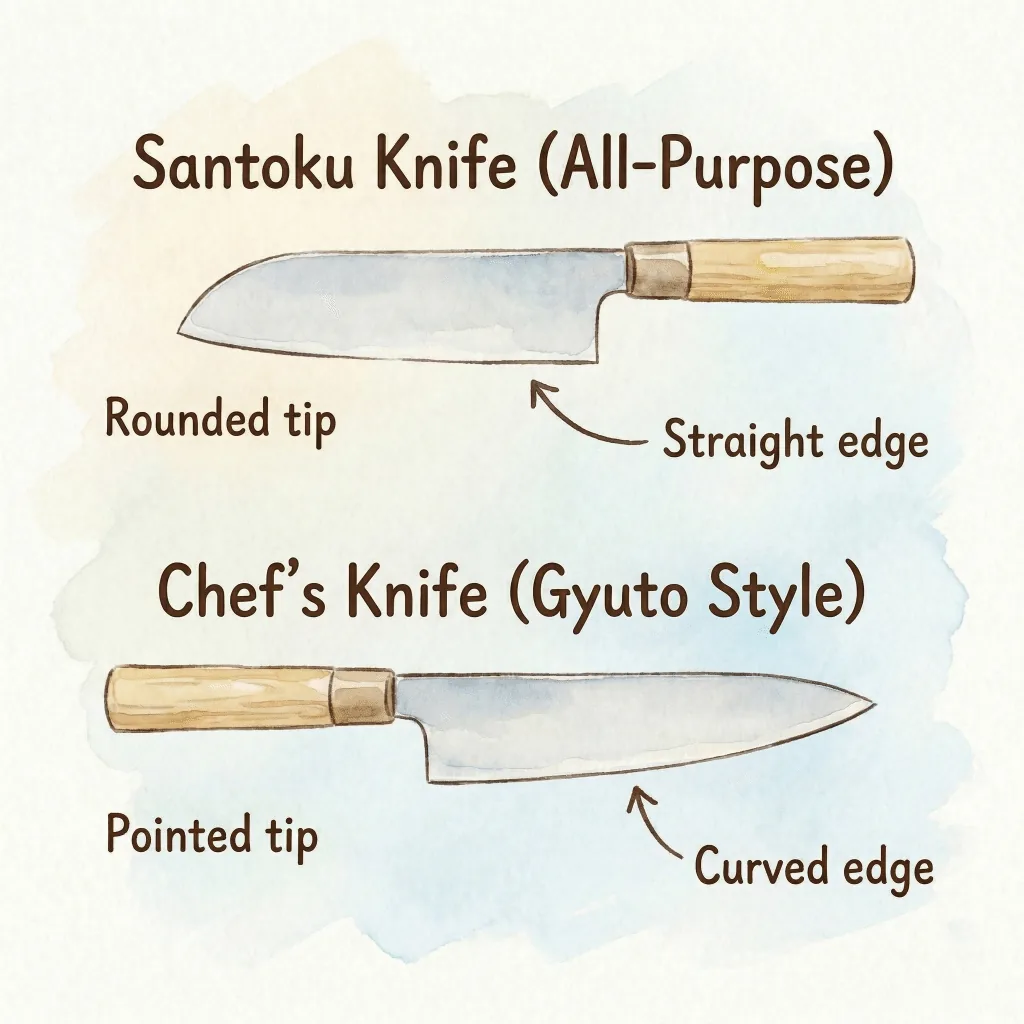 Side-by-side blade profile of a santoku (rounded tip, flat spine) and a gyuto (pointed tip, curved belly) showing the geometric difference between the two knife types