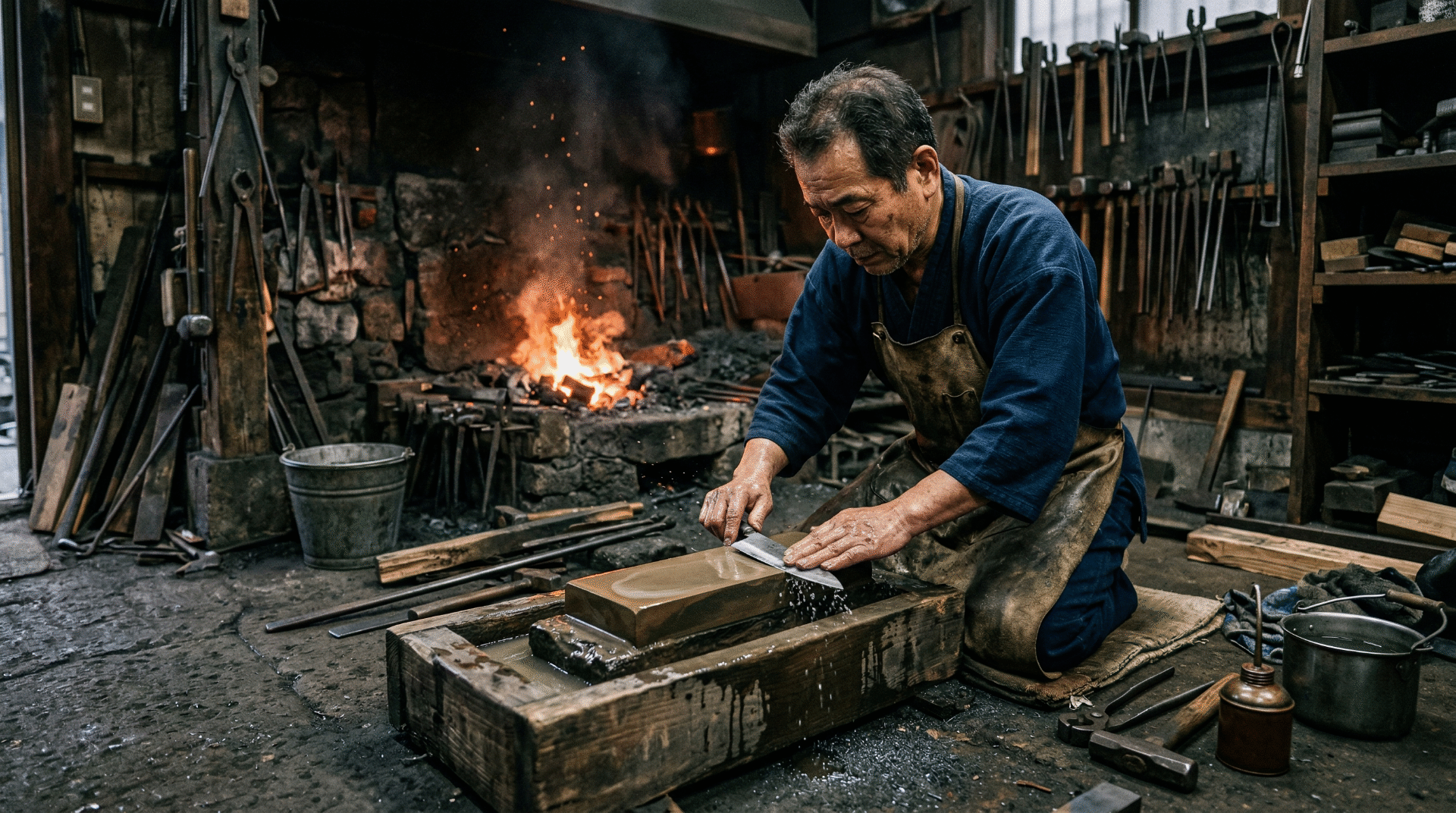 A Japanese bladesmith hand-forging a kitchen knife in a traditional workshop in Sakai, Osaka