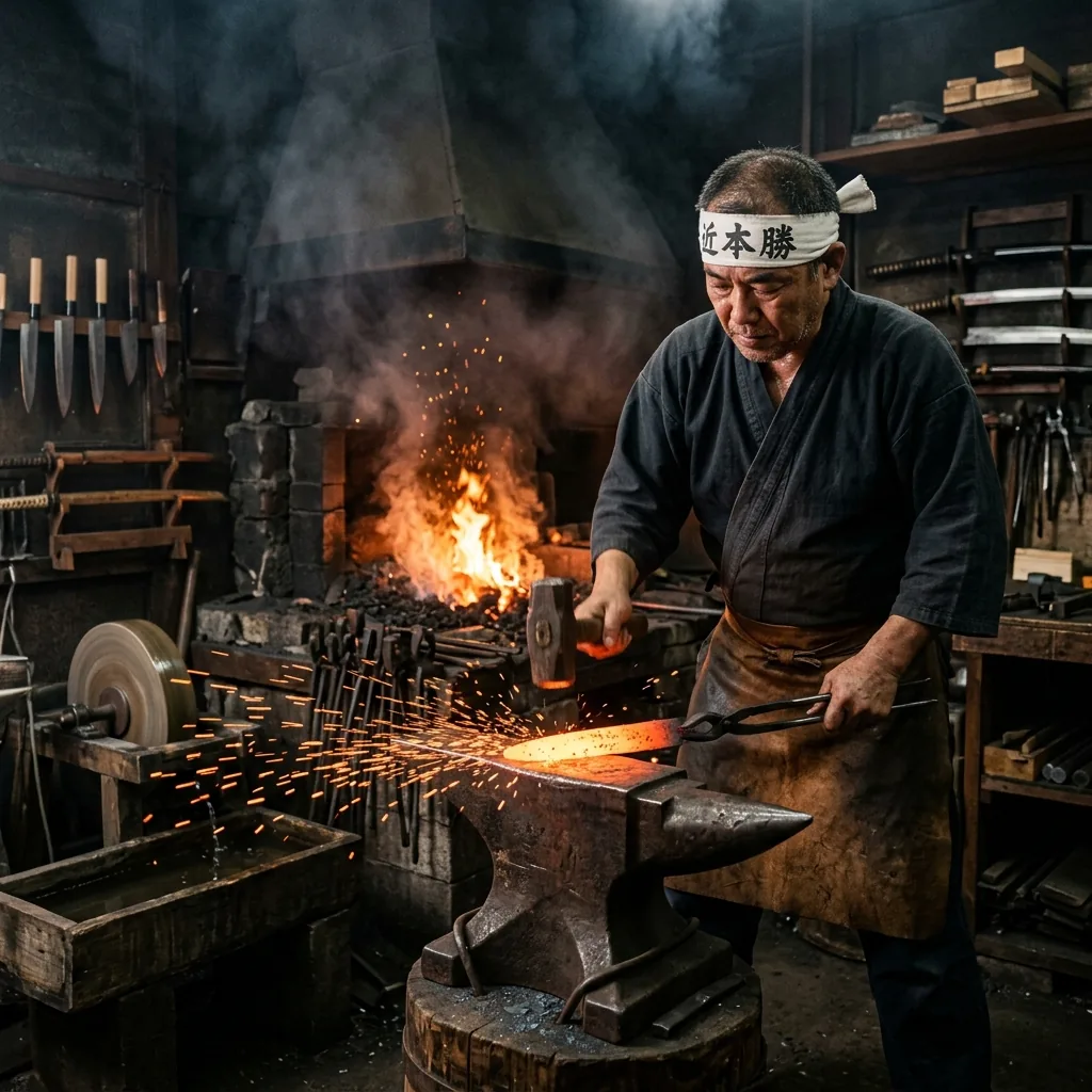 A Japanese bladesmith hand-forging a kitchen knife in a traditional workshop in Sakai, Osaka