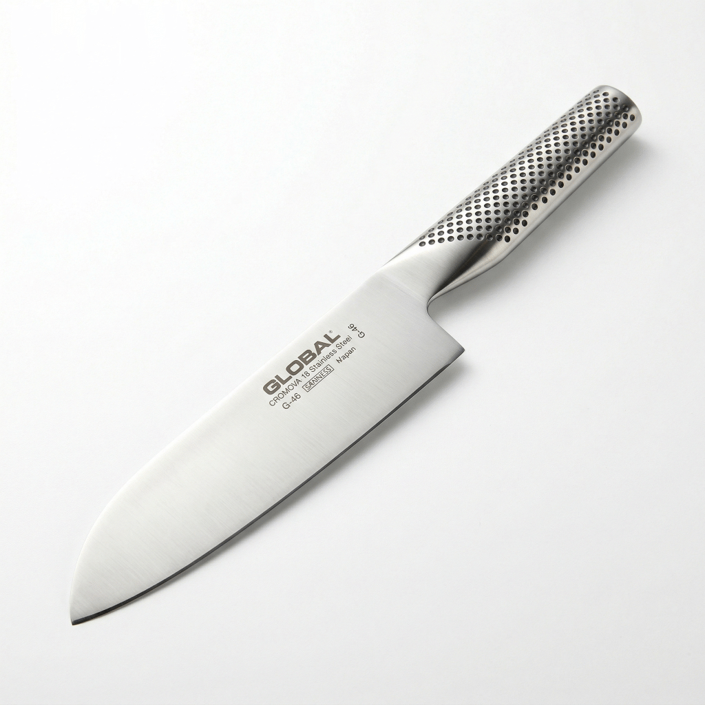 GLOBAL G-46 santoku knife showing the signature seamless all-stainless construction and dimpled handle design